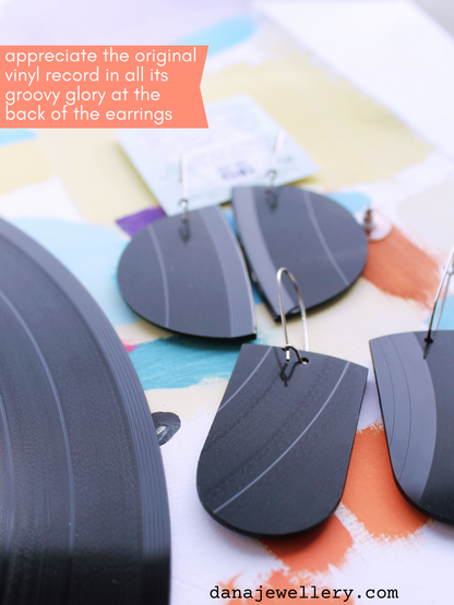 30% OFF Collage abstraction with a touch of copper / contemporary upcycled vinyl earrings