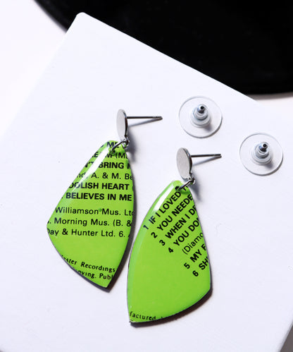 My Foolish Heart / bright lime green one of a kind recycled vinyl record earrings / ONE OF A KIND