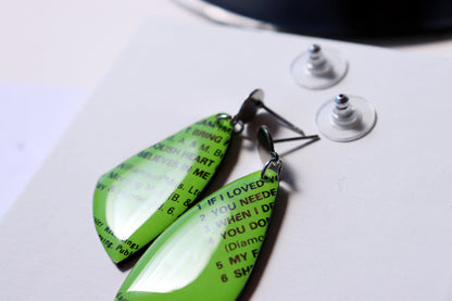 My Foolish Heart / bright lime green one of a kind recycled vinyl record earrings / ONE OF A KIND