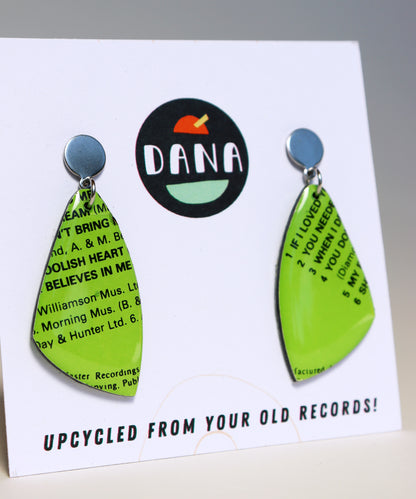 My Foolish Heart / bright lime green one of a kind recycled vinyl record earrings / ONE OF A KIND