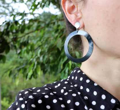 ALL BLACK large disc contour earrings / silver or gold studs