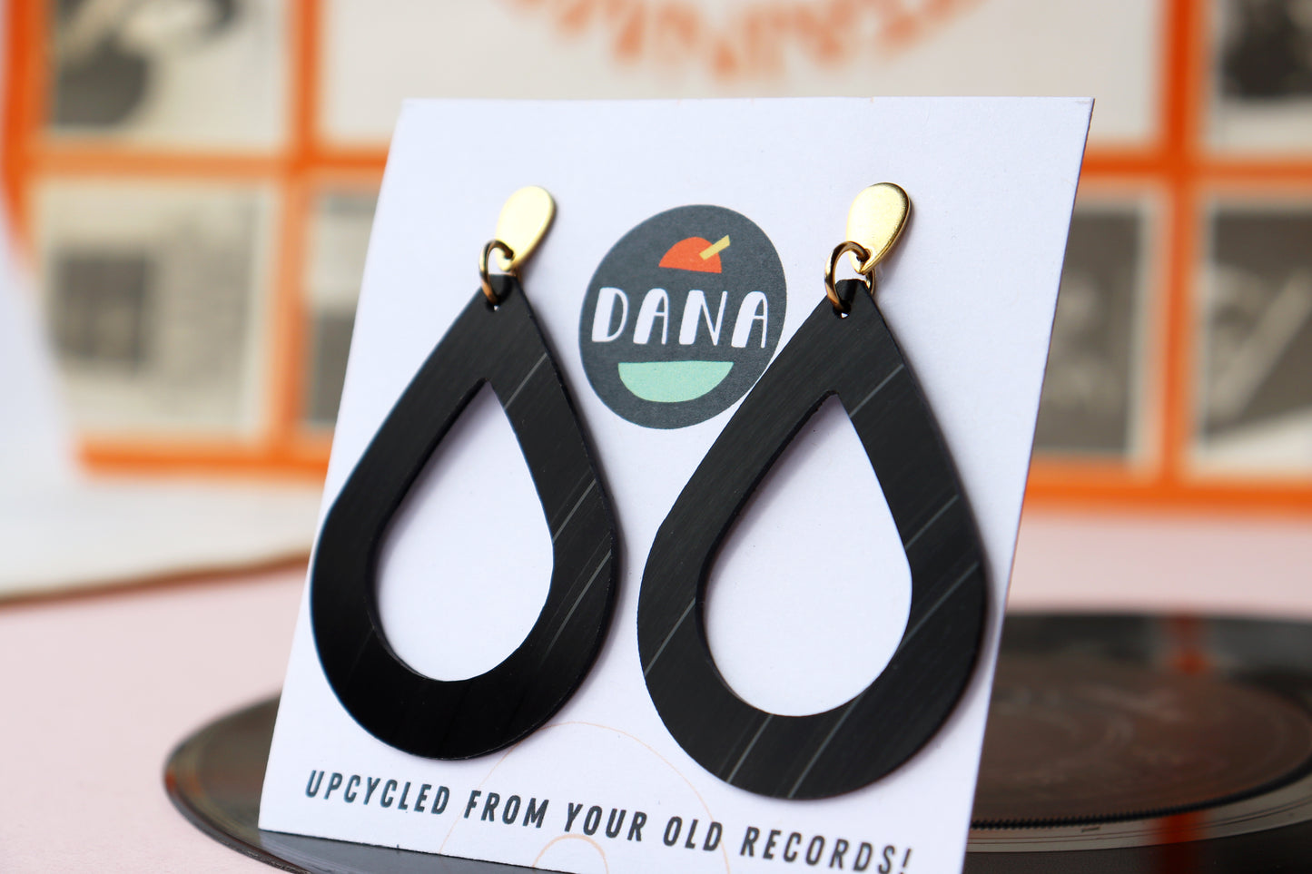 ALL BLACK vinyl record teardrop contour earrings / gold or silver posts