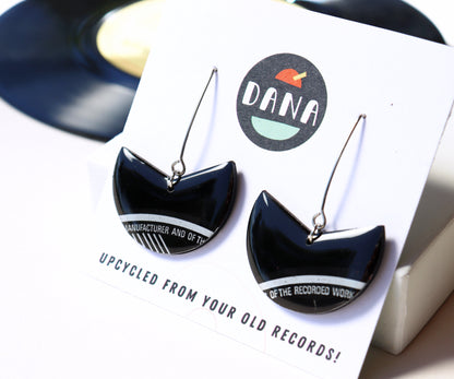 Elegant upcycled black vinyl record earrings with a subtle hint of silvery grey label / ONE OF A KIND