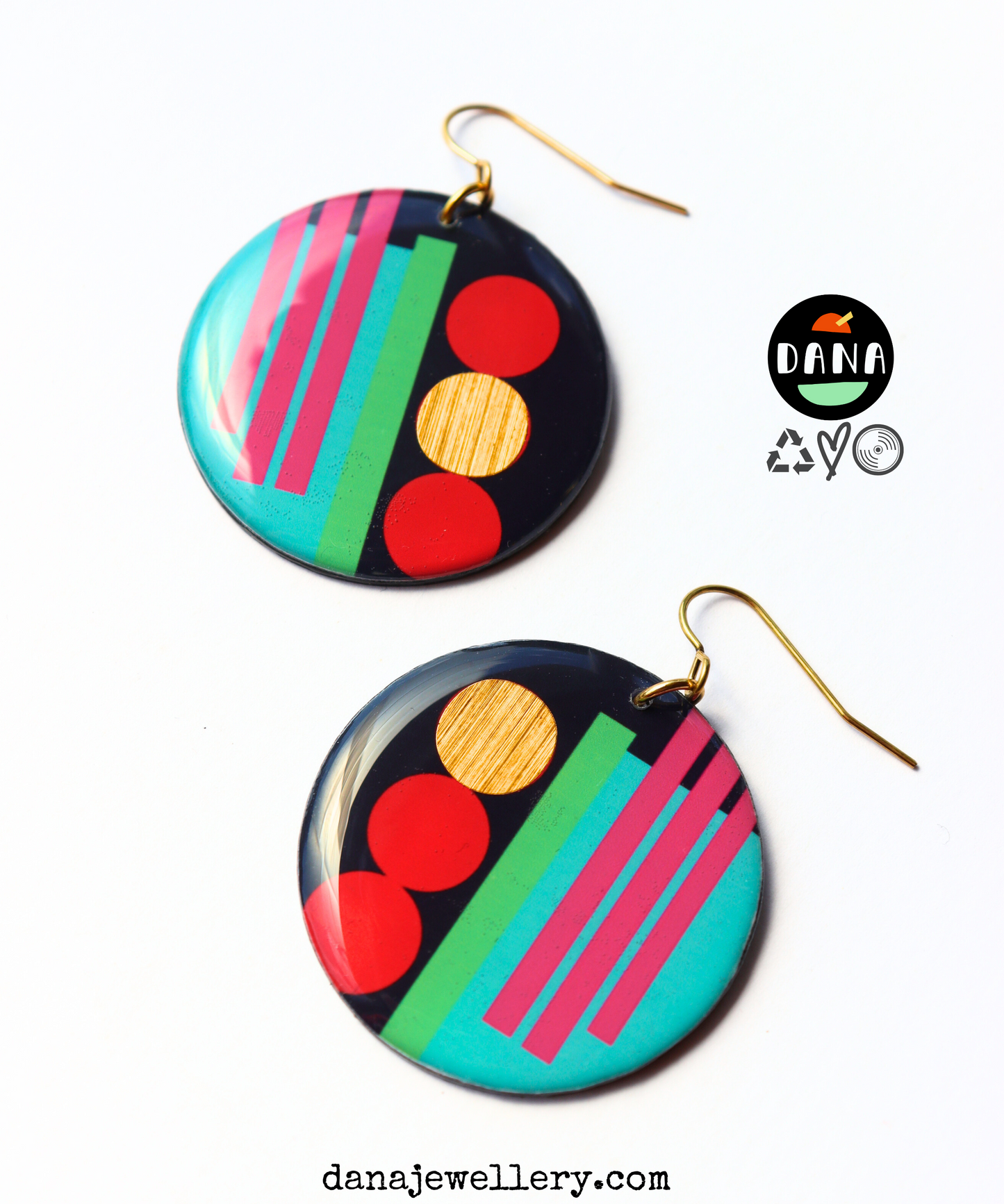 THEA NO.2 in red, navy, green, pink, blue, gold / graphic disc earrings