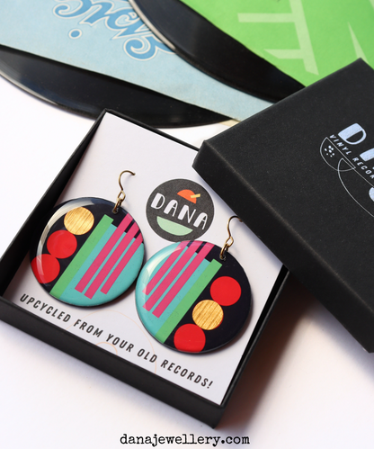THEA NO.2 in red, navy, green, pink, blue, gold / graphic disc earrings