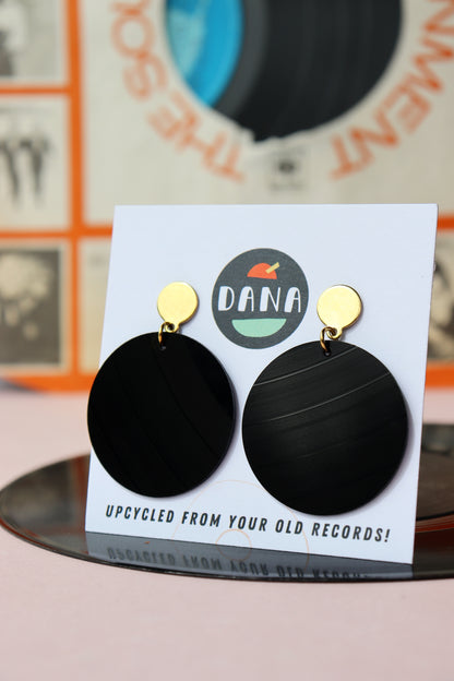 ALL BLACK vinyl record medium disc earrings / gold or silver posts