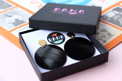 ALL BLACK vinyl record medium disc earrings / gold or silver posts