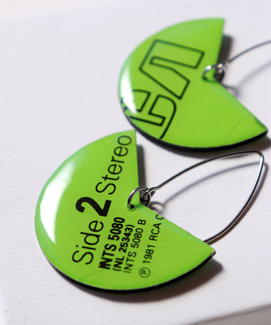 1981 RCA Side 2 Stereo / Bright lime green funky upcycled vinyl record earrings / ONE OF A KIND