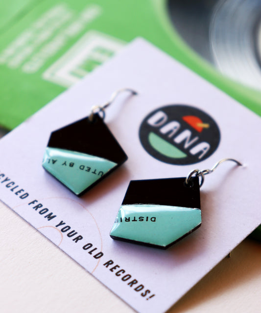 Small vinyl record nugget earrings in black and aqua / ONE OF A KIND
