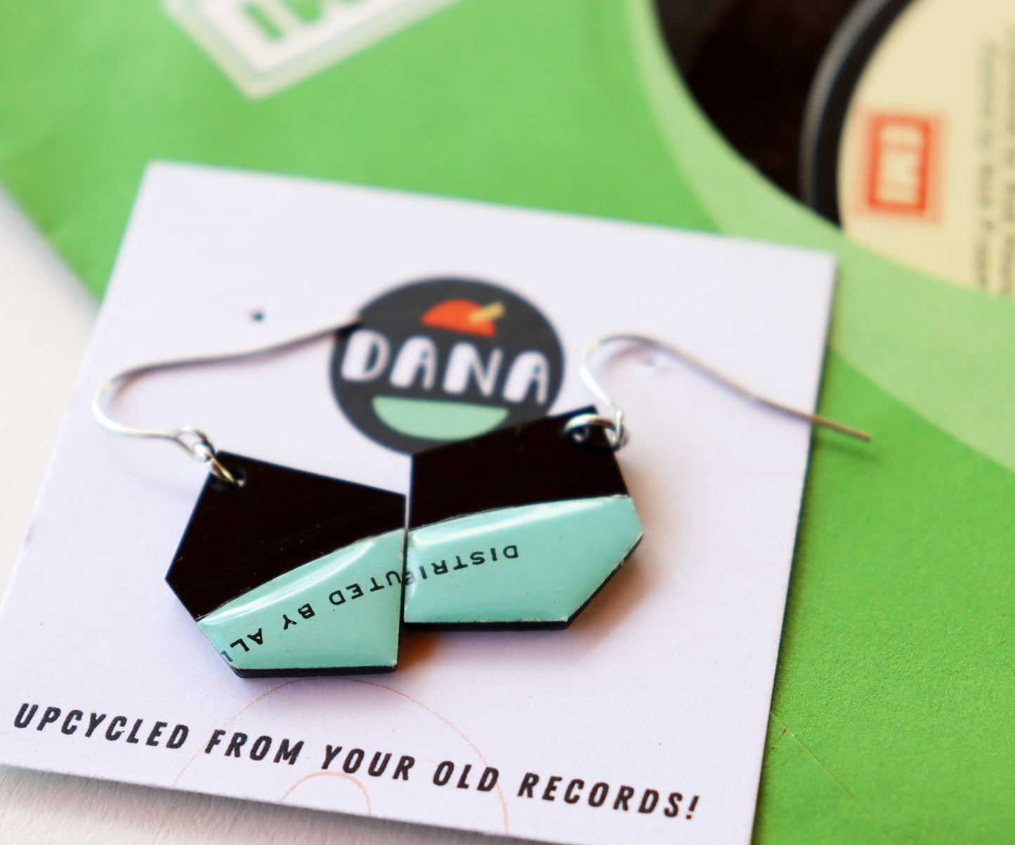 Small vinyl record nugget earrings in black and aqua / ONE OF A KIND