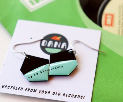 Small vinyl record nugget earrings in black and aqua / ONE OF A KIND