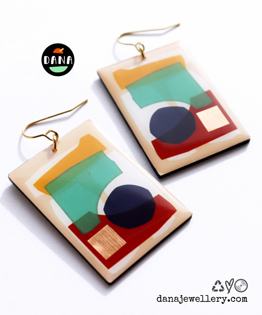 30% OFF Collage abstraction with a touch of copper / contemporary upcycled vinyl earrings