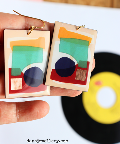 30% OFF Collage abstraction with a touch of copper / contemporary upcycled vinyl earrings
