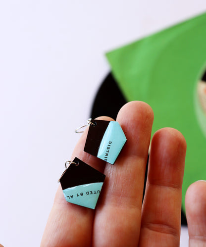 Small vinyl record nugget earrings in black and aqua / ONE OF A KIND