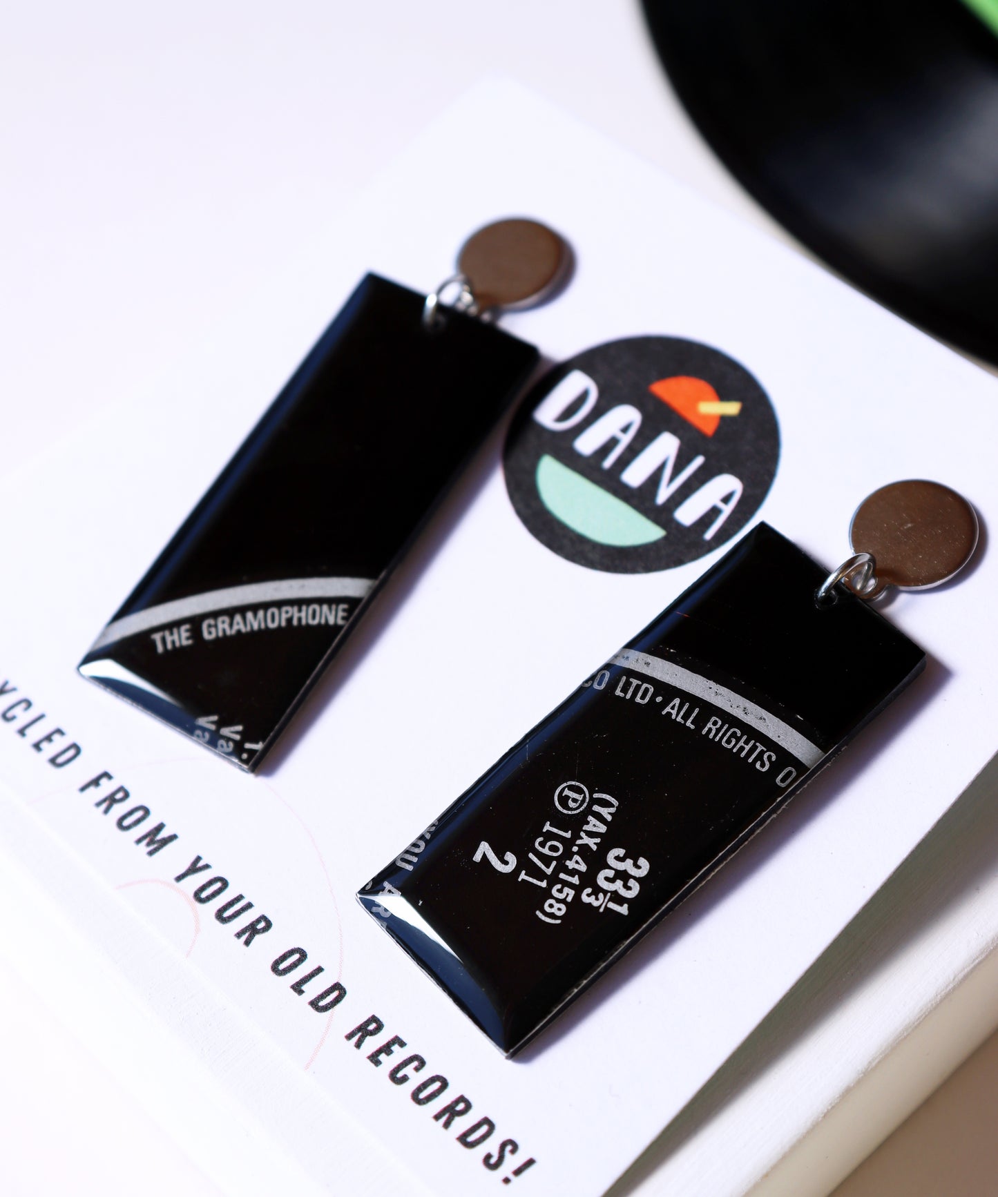 1971 / 33 1/3 / The Gramophone / Eco chic black geometric vinyl record earrings / ONE OF A KIND