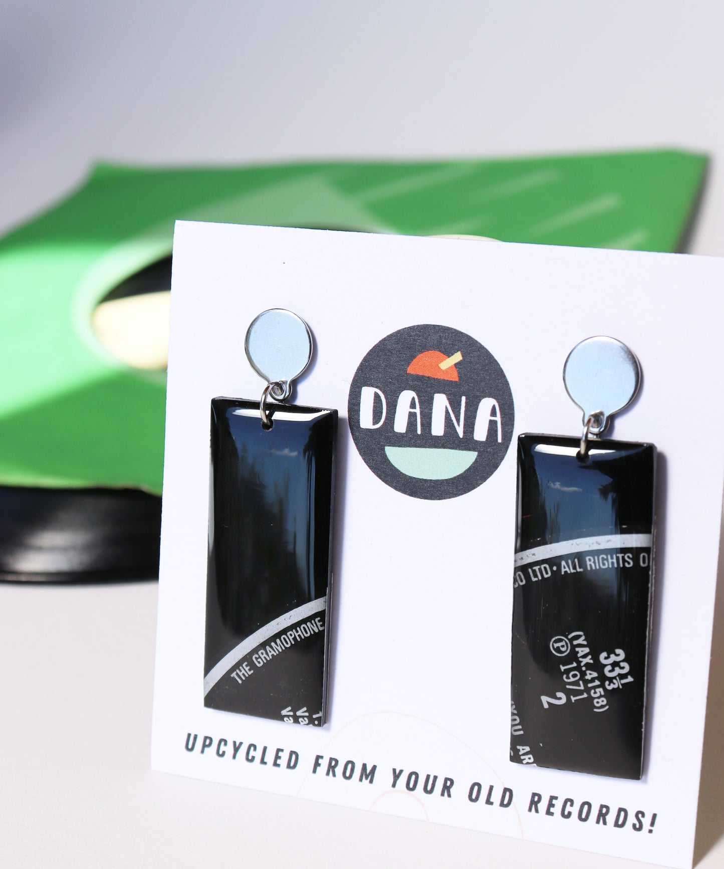 1971 / 33 1/3 / The Gramophone / Eco chic black geometric vinyl record earrings / ONE OF A KIND