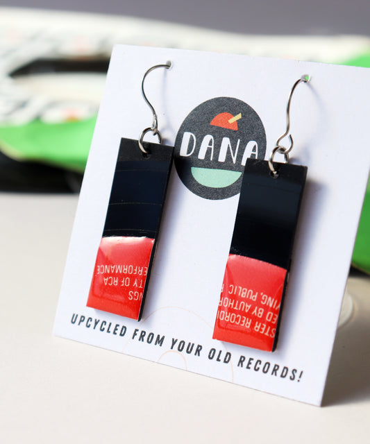 Modern recycled vinyl record earrings in black and red / ONE OF A KIND