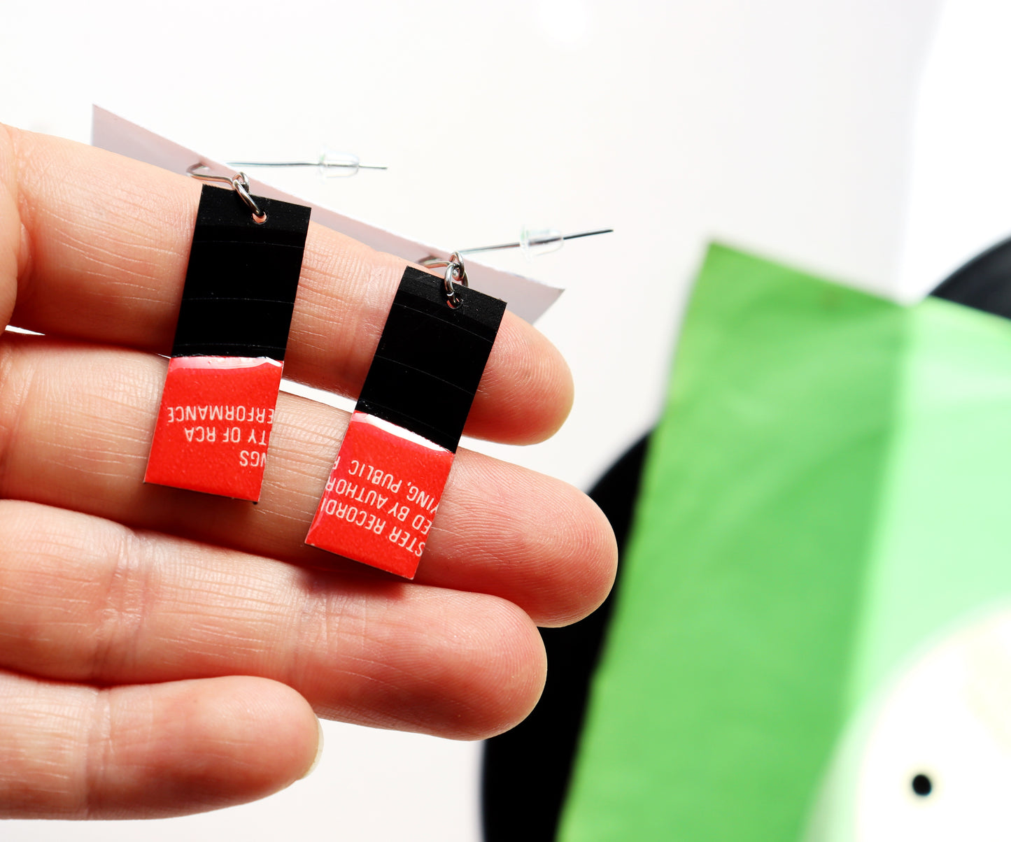 Modern recycled vinyl record earrings in black and red / ONE OF A KIND