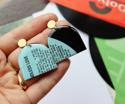 WILL YOU LOVE ME / 1982 / Endless Love compilation / upcycled arch vinyl record earrings in aqua and black / ONE OF A KIND