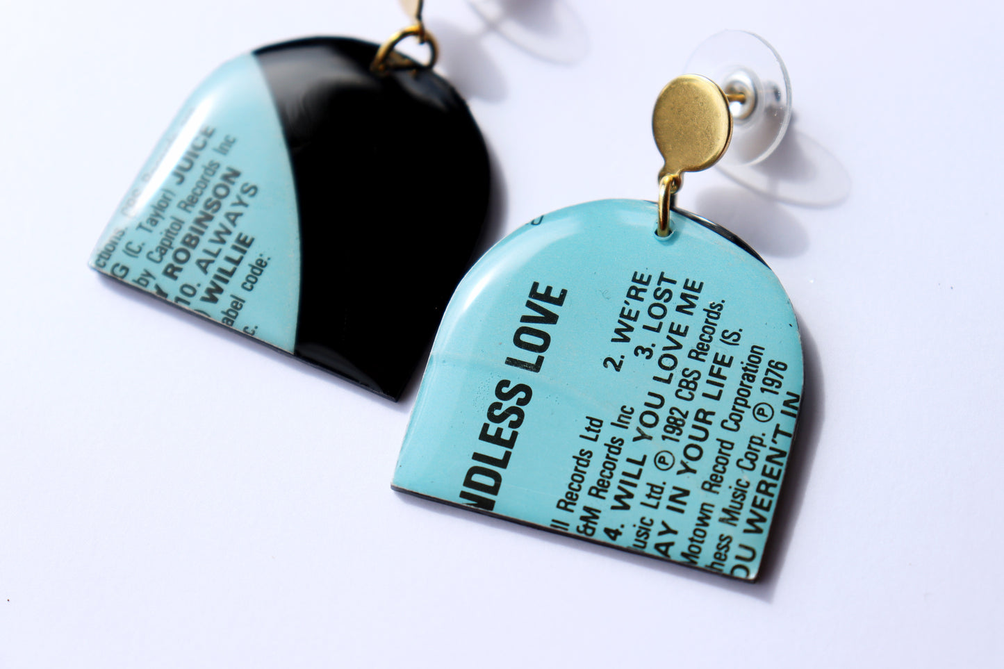 WILL YOU LOVE ME / 1982 / Endless Love compilation / upcycled arch vinyl record earrings in aqua and black / ONE OF A KIND