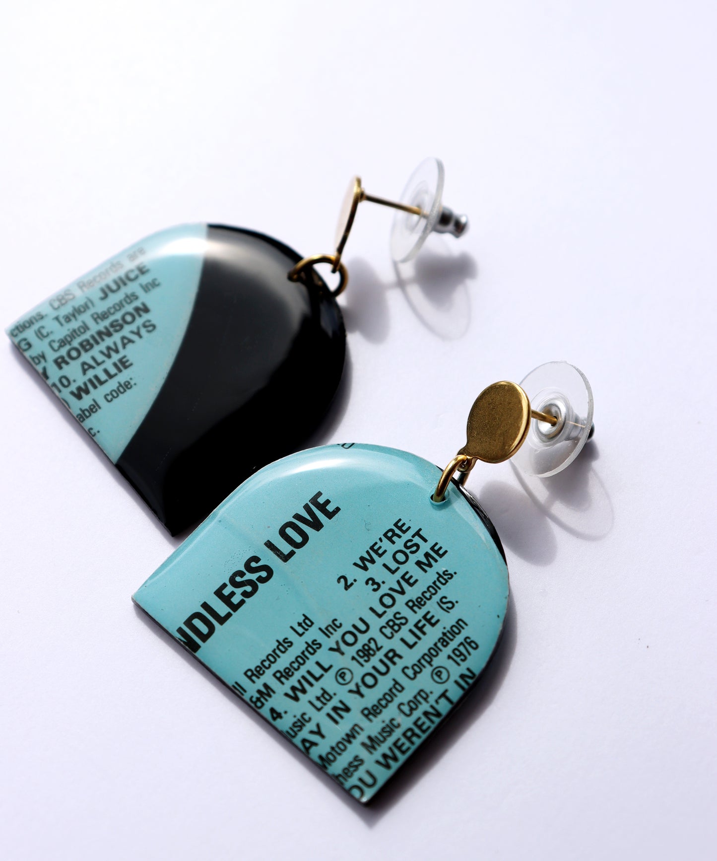 WILL YOU LOVE ME / 1982 / Endless Love compilation / upcycled arch vinyl record earrings in aqua and black / ONE OF A KIND
