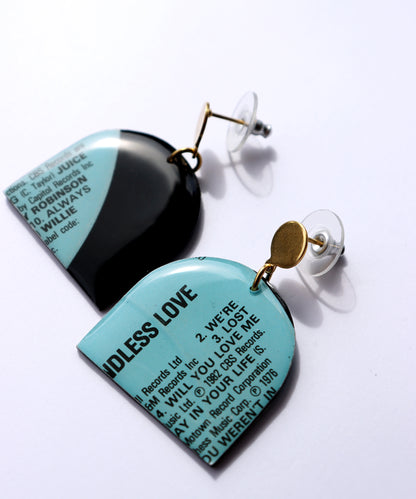 WILL YOU LOVE ME / 1982 / Endless Love compilation / upcycled arch vinyl record earrings in aqua and black / ONE OF A KIND