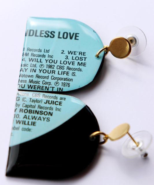 WILL YOU LOVE ME / 1982 / Endless Love compilation / upcycled arch vinyl record earrings in aqua and black / ONE OF A KIND