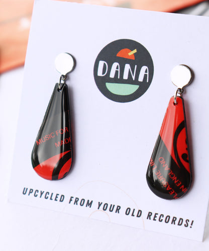 Music for Pleasure / upcycled chic recycled vinyl record earrings in black and red / ONE OF A KIND