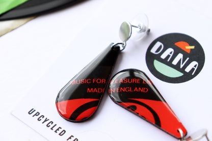 Music for Pleasure / upcycled chic recycled vinyl record earrings in black and red / ONE OF A KIND