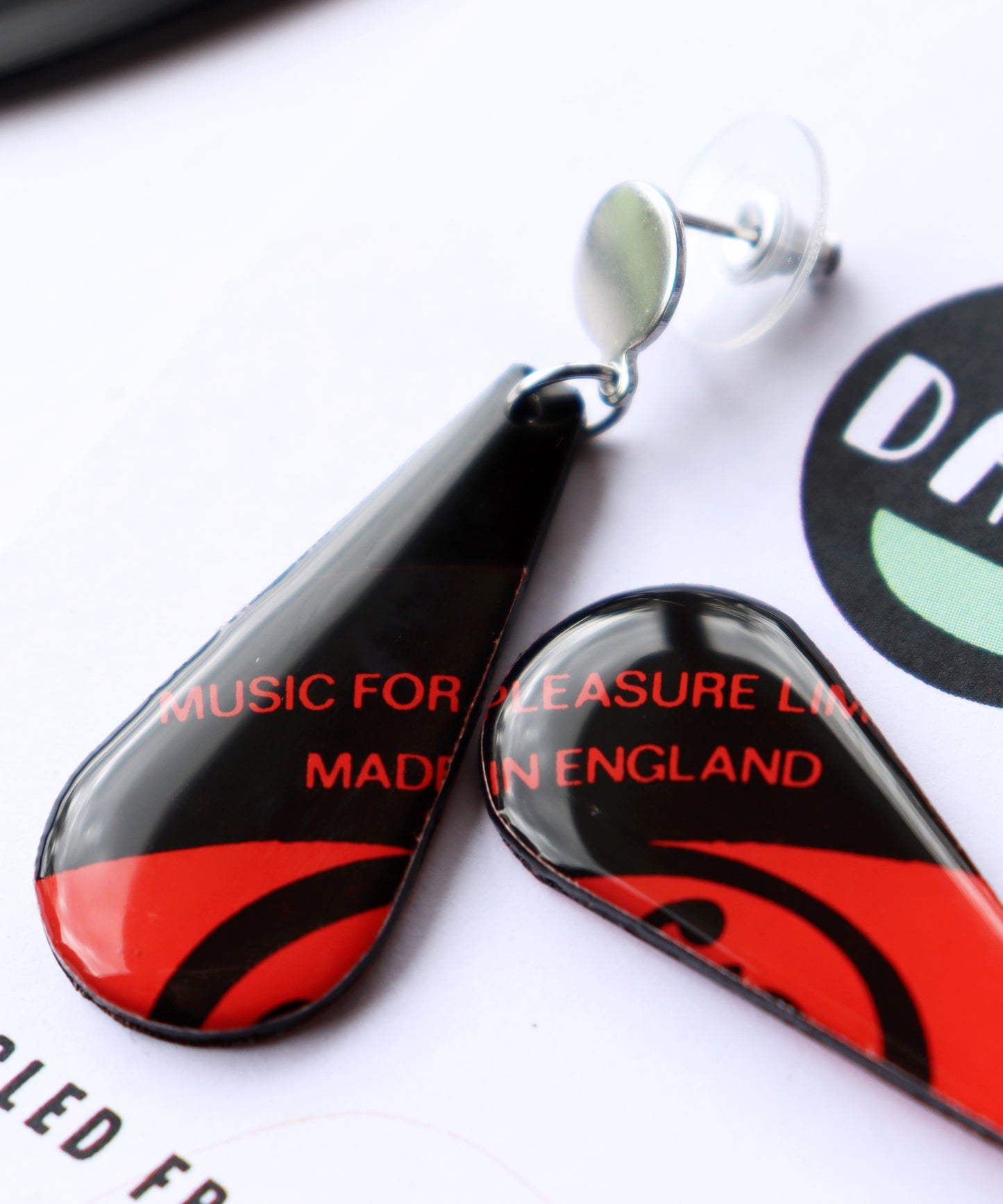 Music for Pleasure / upcycled chic recycled vinyl record earrings in black and red / ONE OF A KIND