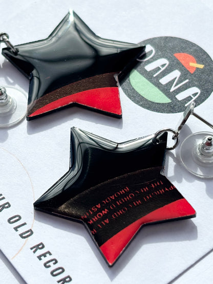 Black and red recycled vinyl record star earrings