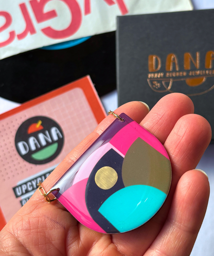 CLEO no.1 bold upcycled graphic necklace handmade in Ireland / olive, turquoise, fuchsia, plum, gold