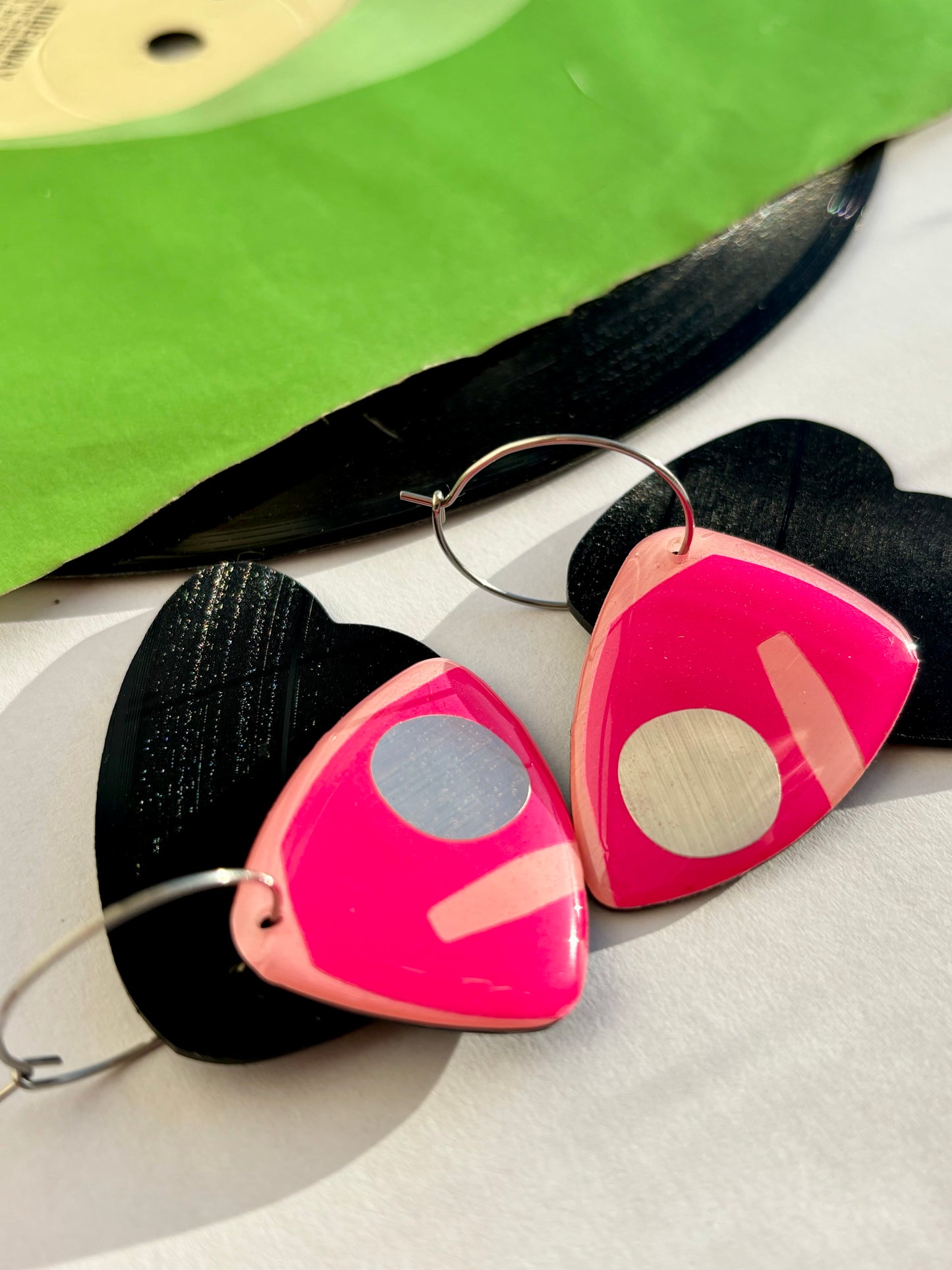 40% OFF / contemporary recycled art earrings in vibrant hot pink, silver and black / 2 sizes