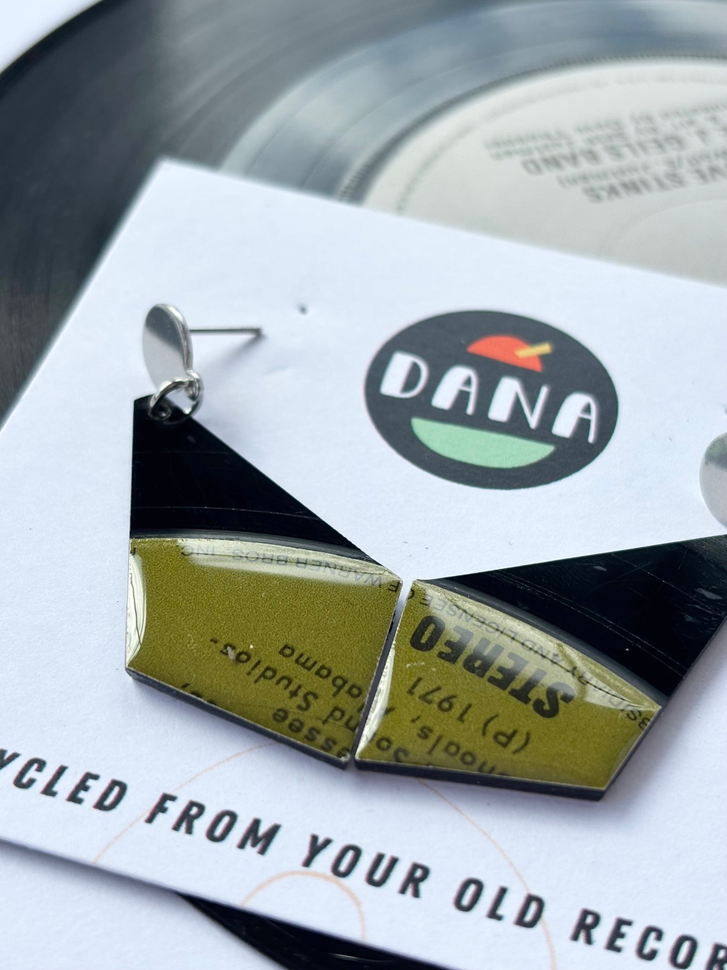 STEREO 1971 geometric vinyl record earrings in black and khaki