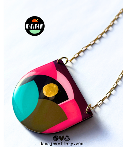 CLEO no.1 bold upcycled graphic necklace handmade in Ireland / olive, turquoise, fuchsia, plum, gold