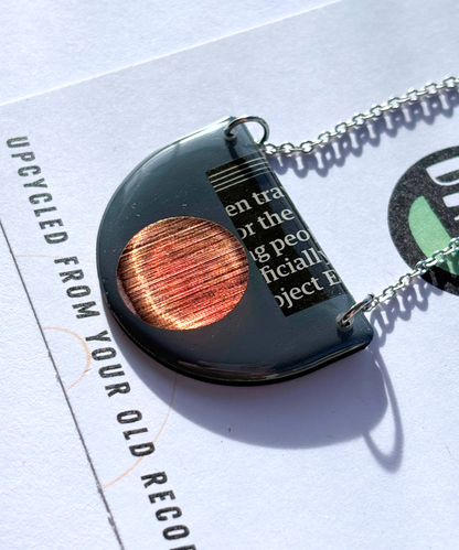 40% OFF / modern recycled vinyl record necklace in blue grey, copper and recycled paper detail