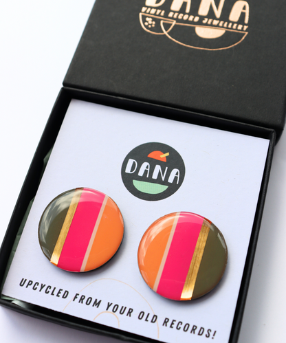 30% OFF FABI no.1 large disc stud earrings in fuchsia, deep khaki, tangerine and gold