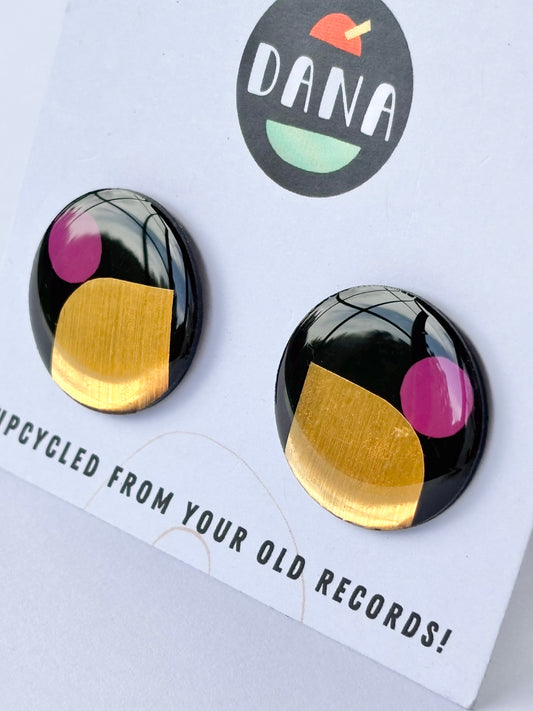 40% off large upcycled vinyl record studs in black, gold, and purple