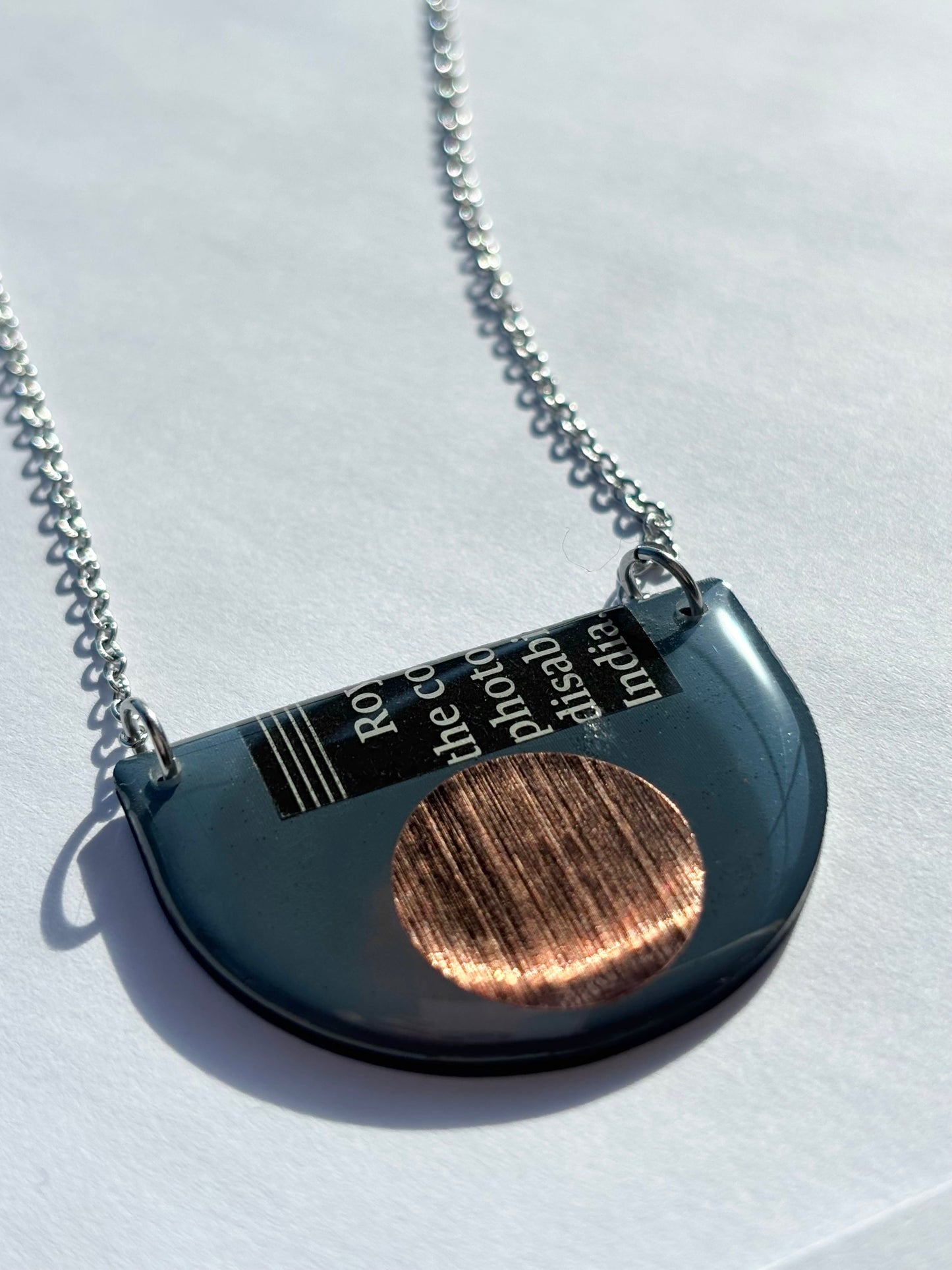 40% OFF / modern recycled vinyl record necklace in blue grey, copper and recycled paper detail