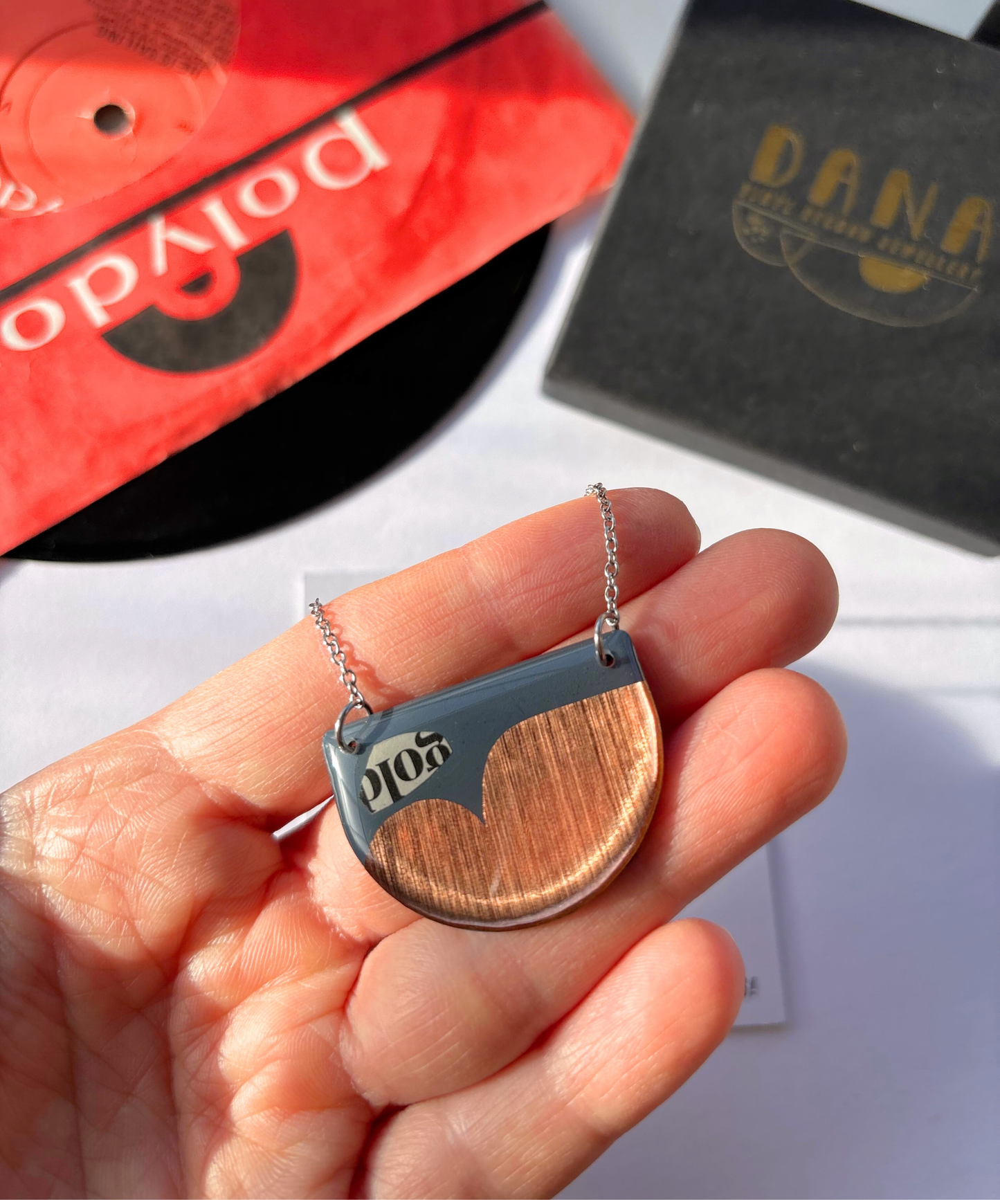 40% OFF / modern recycled vinyl record necklace in blue grey, copper and recycled paper detail
