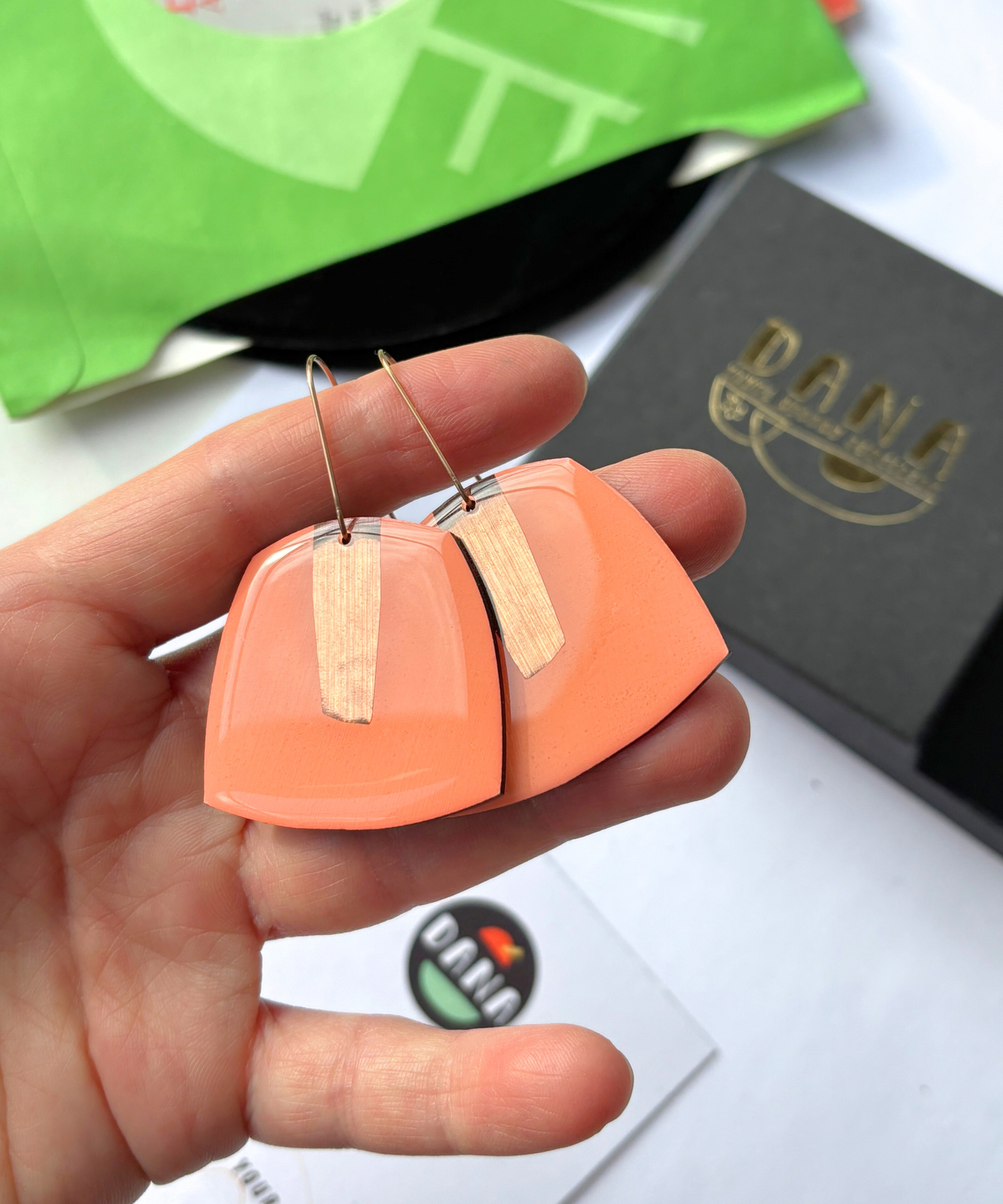 50% OFF / large upcycled contemporary earrings in warm salmon and copper by DANA