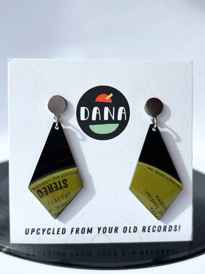 STEREO 1971 geometric vinyl record earrings in black and khaki