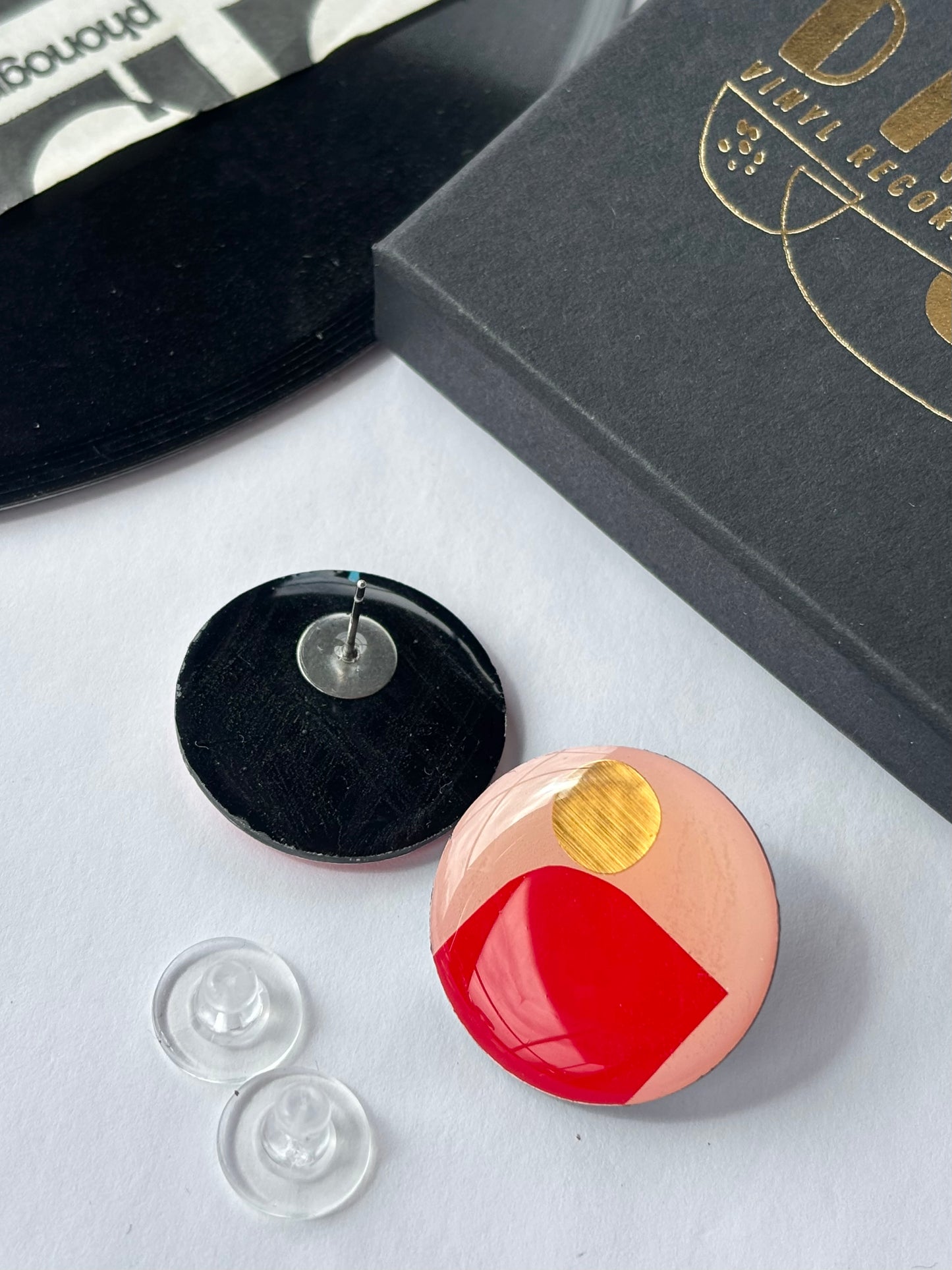 30% off large one of a kind studs in light pink, vibrant red, with lush pops of gold | contemporary art earrings