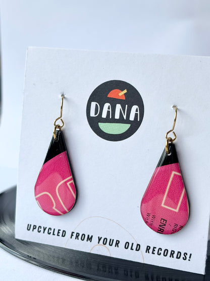 One of a kind upcycled teardrop earrings in black and fuchsia