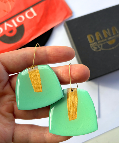 40% OFF / large upcycled contemporary earrings in mint green and gold by DANA