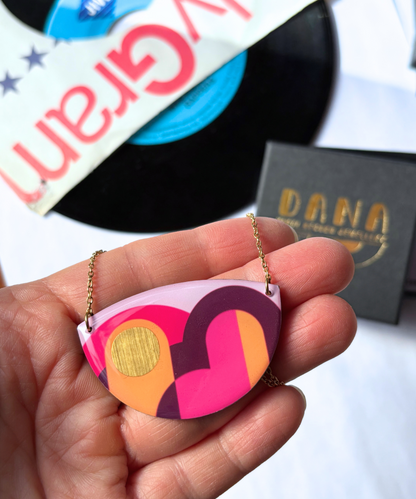 LOLA no.2 graphic upcycled necklace in orange, plum, fuchsia / handmade in Ireland
