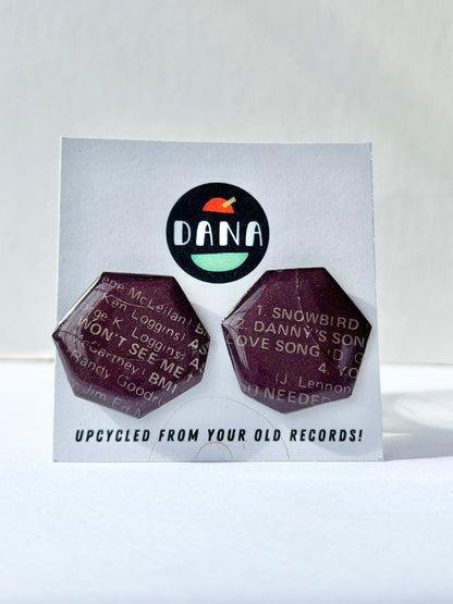50% OFF large geometric one of a kind recycled vinyl record stud earrings in deep plum