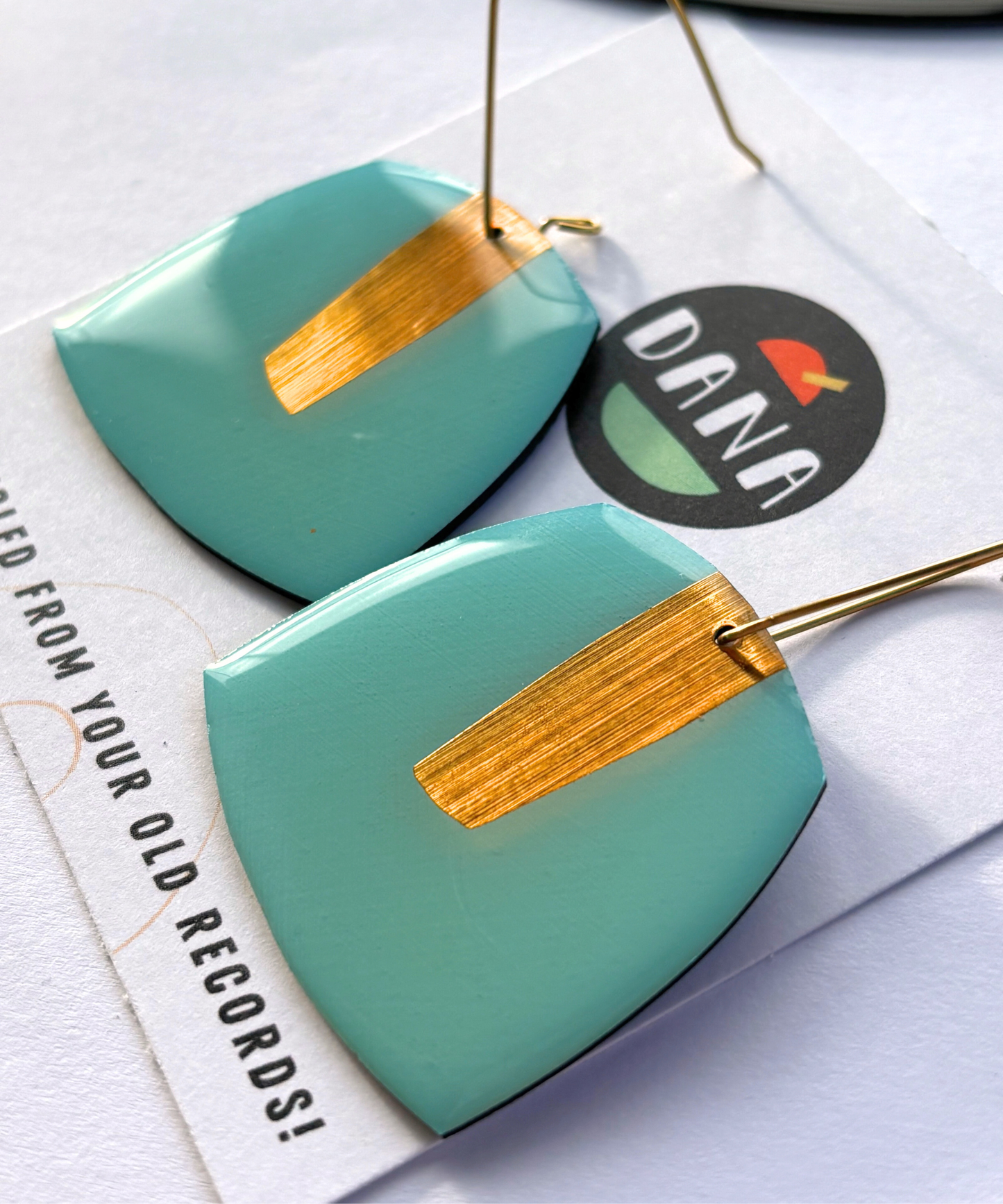 50% OFF / large upcycled contemporary earrings in light blue and gold by DANA
