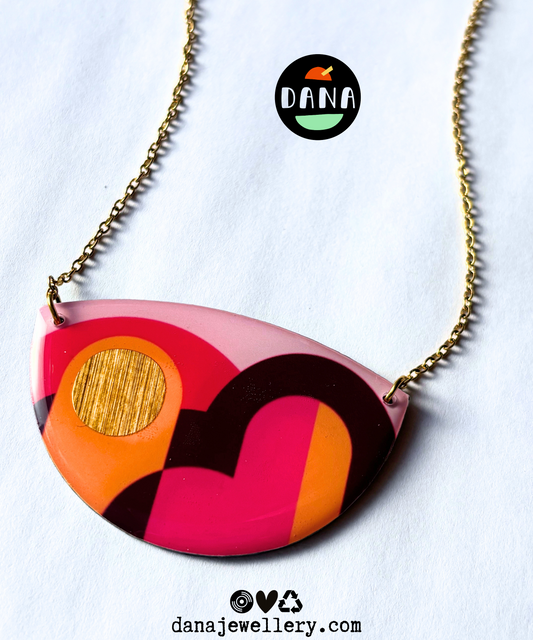 LOLA no.2 graphic upcycled necklace in orange, plum, fuchsia / handmade in Ireland