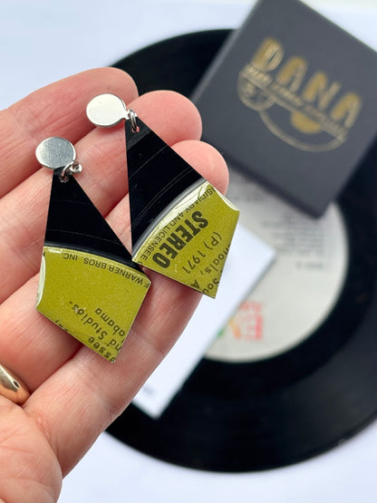 STEREO 1971 geometric vinyl record earrings in black and khaki